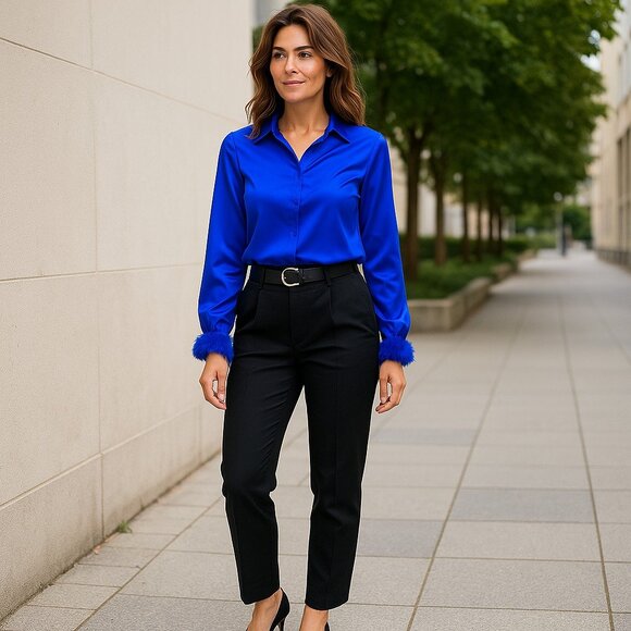 Royal Blue silk Blouse with Blue feather detail at cuff - Picture 2 of 11